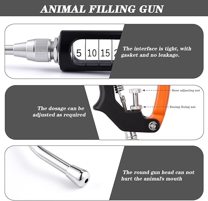 30ML Veterinary Metal Feeding Gun, Continuous Drench Gun Dosing Device Veterinary Adjustable Medicine Dispenser Husbandry Autonomous Feeding Tool, Pig Cattle, Sheep, Horse for Drench Gun-Mewly Pet