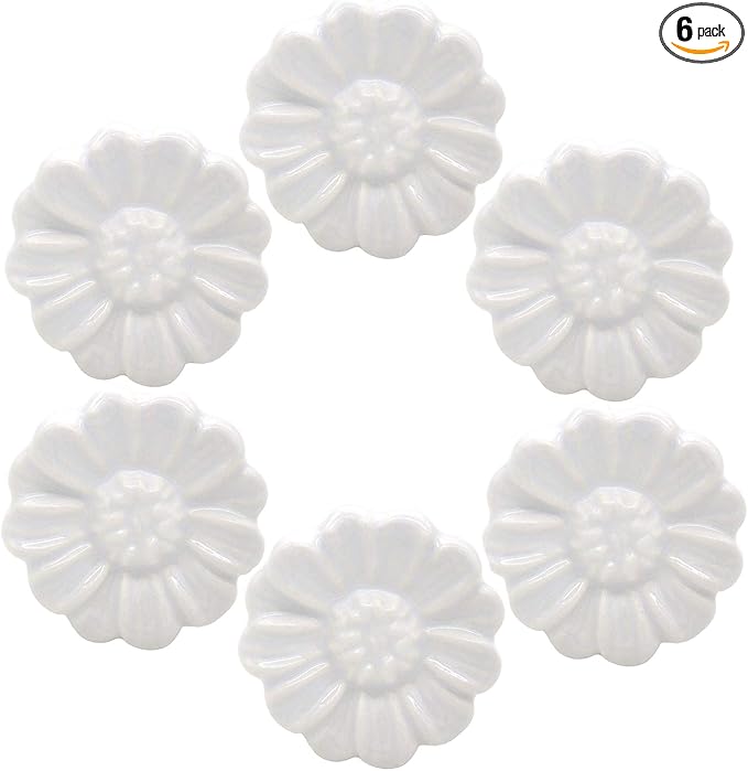 6PCS Vintage Floral Daisy Ceramic Dresser Drawer Knobs Elegant Cabinet Cupboard Door Hardware Pull Handles w/Screws White