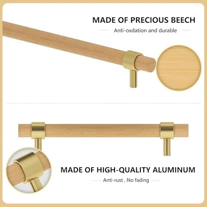 Wooden Drawer Pulls,6-Pack Beech Wood Drawer Handles 5in,Suitable for Kitchen, Living Room, Bedroom, Bathroom and Other Scenes,Gold