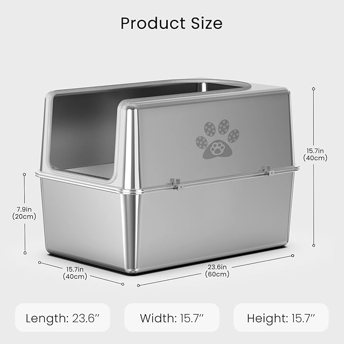 Enclosed Stainless Steel Cat Litter Box with Lid, XL Metal Litter Box for Big Cats, Extra Large Cat Toilet with High Side, Non-Stick, Anti-Leakage, Odorless, with Cats Litter Mat & Litter Scoop-Mewly Pet