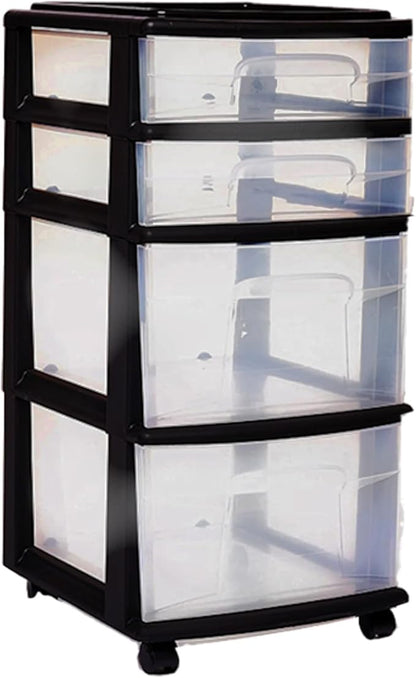 HOMZ Drawer Tower, 4-Tier Clear Plastic Storage Organizer Cart, Black Frame - Multi-Purpose Rolling Drawers with Wheels for Bedroom, Bathroom, and Office Organization