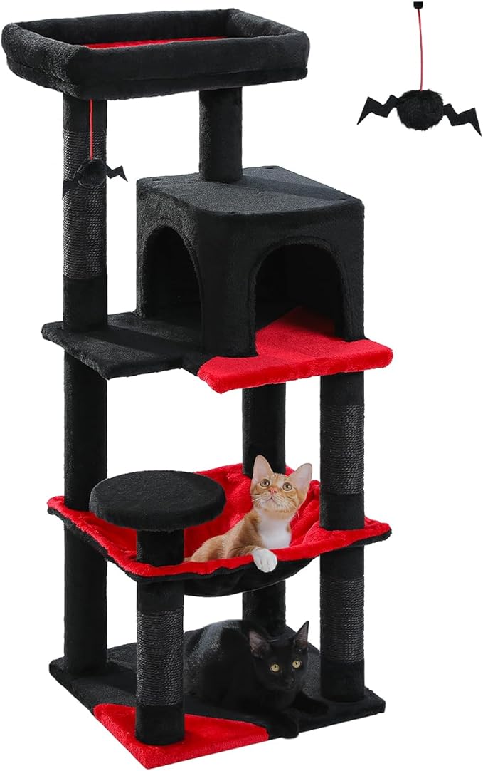 Gothic Cat Tree with Super Large Hammock, 45.7" Black Cat Tower with Coffin Bed, Cat Condo, Sisal Scratching Posts & Top Perch, Multi-Level Goth Cat Tree, Halloween, Black-Mewly Pet