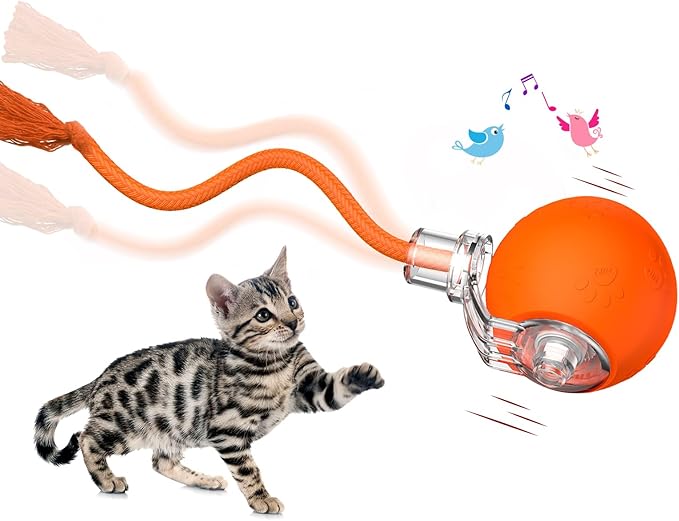 Interactive Cat Toys, Automatic Moving Cat Toys for Bored Indoor Adult Cats, Fast Rolling, Chirping & Motion-Activated Kitty Toys, Fun Gift for Cats with Speedy Tail 2.0, USB Rechargeable, Orange-Mewly Pet