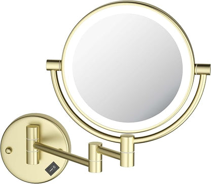 KIBI Circular Wall Mount Makeup Mirror with LED Lights, Dual-Sided 1x/5x Magnifying Mirror with Adjustable Arm, 360° Swivel, Solid Brass Construction for Durability and Style (Brushed Gold, KMM101)