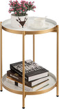 HollyHOME 2-Tier Round Gold Side Table, Outdoor Small Folding Accent Stand with Removable Tray, Anti-Rust Metal Asional Table for Balcony Patio Living Room, Nightstand for Bedroom(Gold&White)