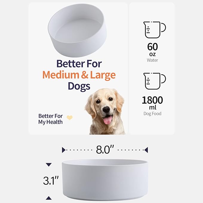 White Dog Bowl Ceramic for Medium Large Breed, Heavy Weighted Dog Food Water Feeder Dish, Non - Slip Modern Cute Extra Big Porcelain 8 in Pet Bowl Maze-Mewly Pet