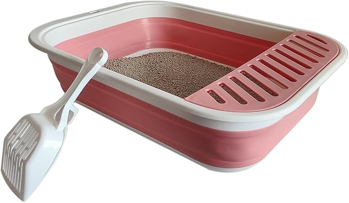 Senior Cat Litter Boxes, Collapsible Open Low Entry Cat Litter Pan with Scoop Travel Kitten Potty Pan Foldable Pet Toilet for Sick Disabled Older Elderly Cats Pink 20.9x15.7x5.7 inch-Mewly Pet
