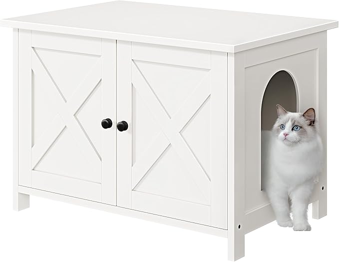 JY QAQA Cat Litter Box Enclosure,Litter Box Furniture Hidden with Barn Door,Wooden Cat Washroom Furniture,Cat House,Fit Most of Litter Box,White-Mewly Pet