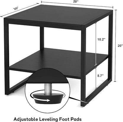 Homieasy End Table, 20 Inch Square End Table, Mini Fridge Stand with 2-Tier Storage Shelves, Industrial Wood Side Tables for Living Room, Black