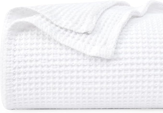PHF 100% Cotton Waffle Weave Blanket Twin Size for Bed,Snag Proof Lightweight Breathable Moisture-Wicking Throw for Couch,Great for Layering in Cold Weather,Machine Washable,Home Decor Gift-White