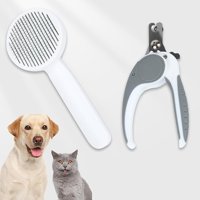 2PCS Pet Grooming Kit，Cat Brushes、Cat Nail Clipper，Cat Grooming Brush for Sedding and Grooming Fur（Grey）-Mewly Pet