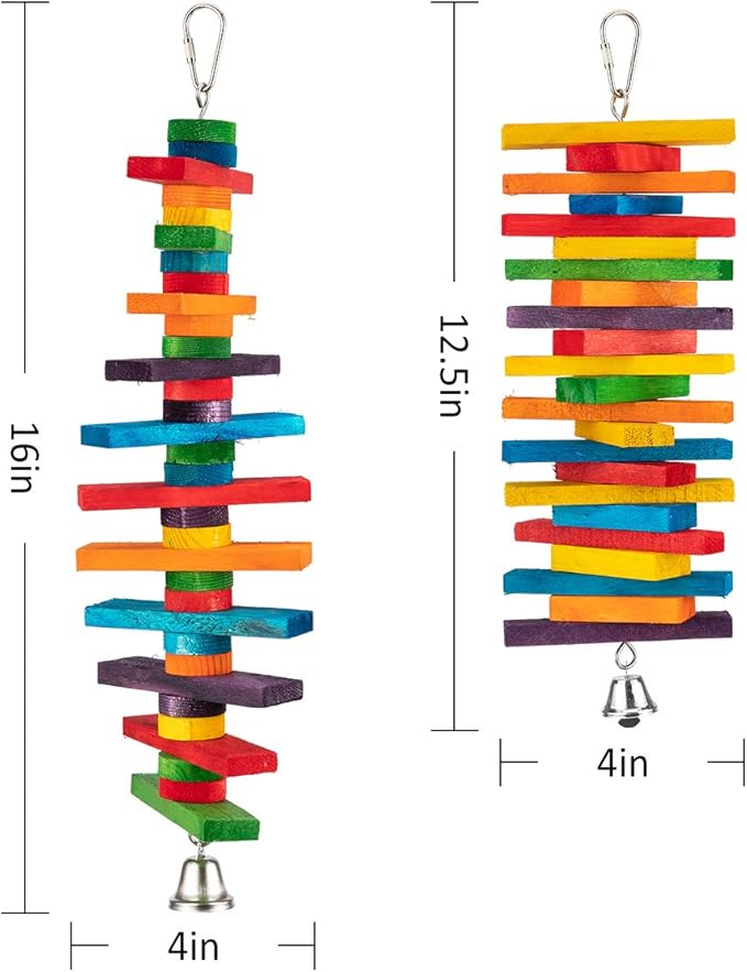 MEWTOGO 2 Pcs Bird Toys - Parrot Toys with Multicolored Natural Wooden Blocks, Chewing Sticks for Conures, Parakeets, Cockatiels, Lovebirds, African Grey, Macaws, Amazon Parrots - Bird Gift-Mewly Pet