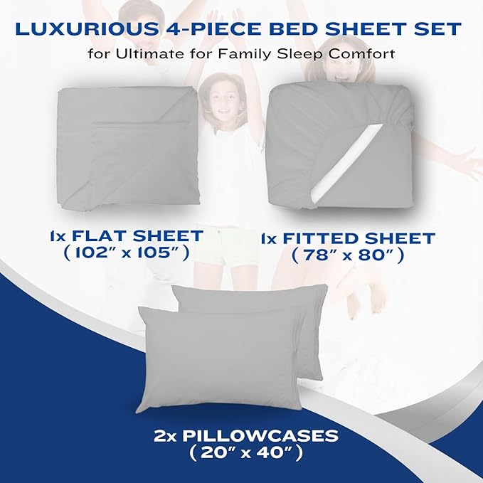 DREAMCARE King Size Sheets Set – 4 pcs Cooling Sheets – up to 21” Deep Pocket King Sheet Set – Hotel Luxury Sheets & Pillowcases – Superior Softness 100% Fine Microfiber with Side Pocket – Light Gray