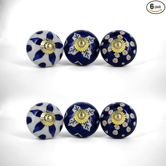 Handmade Blue Blessing Ceramic Stone Cabinet Knobs, Vintage Decorative Drawer Pulls for Trendy Cabinets, Modern Dressers & Cupboards, Knobs for Kitchen & Furniture - Set of 6