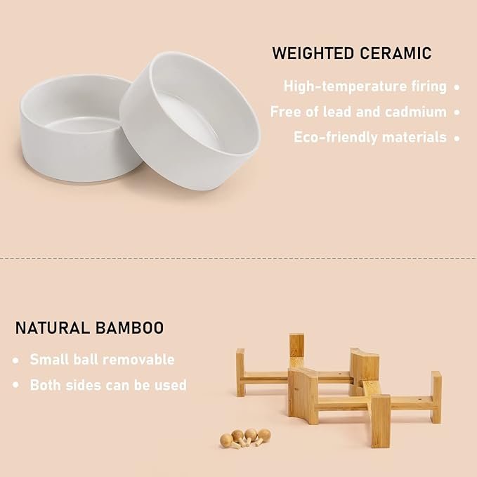 SPUNKYJUNKY 15° Slanted Ceramic Dog and Cat Bowl with Wooden Stand, Tilted Bulldog Food and Water Bowl No Slip Non-Spill for Cats Medium Dogs Big Face Pets 28.7 OZ (3.6 Cups, White × 2)-Mewly Pet
