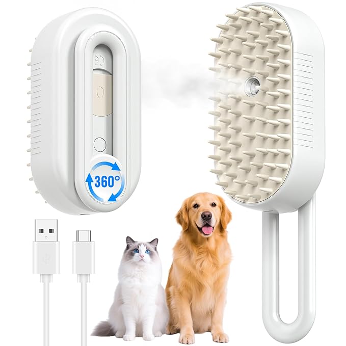 Cat Steam Brush for Shedding, Pet Steam Brush for Cats and Dog, 4 in 1 Rechargeable Cat Hair Brush, Spray Anti-Static, Massage, Cleaning, Shedding & Combing All In One, for Long & Short Haired Pets!-Mewly Pet