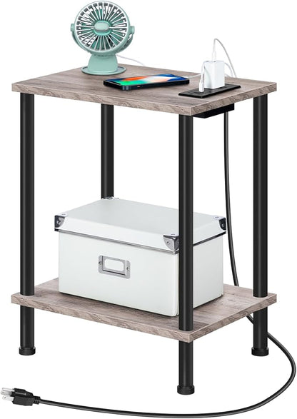 HOOBRO Side Table with Charging Station, Set of 2 End Tables with USB Port and Outlets, Nightstand with 2-Layer Storage Shelves for Small Spaces, Living Room, Bedroom, Greige and Black BG09UBZP201