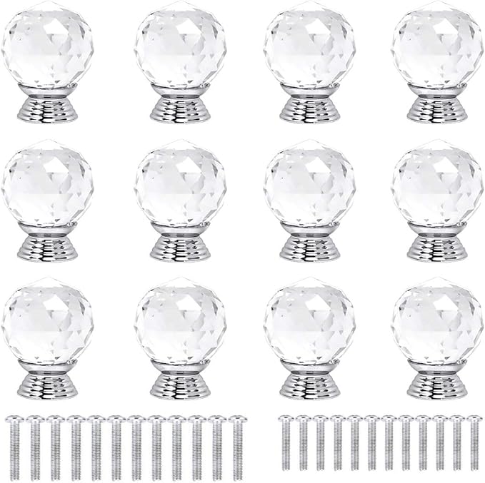 12 Pcs 30mm Round Shape Crystal Glass Cabinet Knobs with Screws Drawer Knob Pull Handle Used for Kitchen, Dresser, Door, Cupboard(Clear)