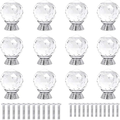 12 Pcs 30mm Round Shape Crystal Glass Cabinet Knobs with Screws Drawer Knob Pull Handle Used for Kitchen, Dresser, Door, Cupboard(Clear)