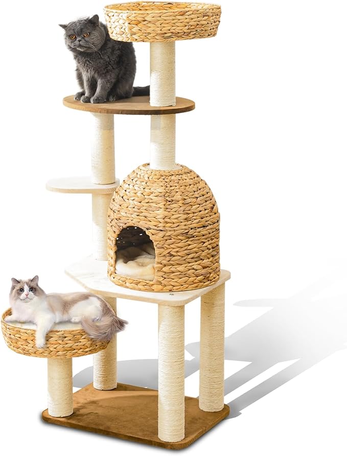 Large Wood Cat Tree Tower for Indoor Cats, Multi-Cats Scratching Post & Cat Condo with Handwoven Cat House Basket, Thick Sisal Posts, Modern Stable Cats Tower Furniture-Mewly Pet