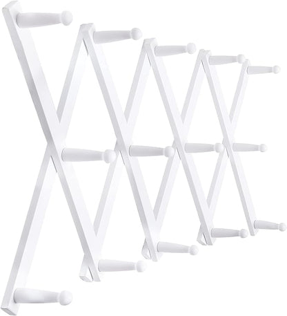 SKOLOO Hat Rack for Wall with 14 Hooks, Solid Wooden, Modern, Expandable Coat Rack Wall Mount for Coats, Hats, Bags, Baseball Caps, White