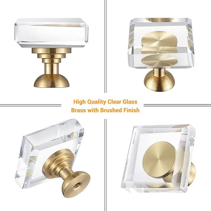 6-Pack 1-1/4-Inch White Cabinet Glass Crystal knobs Brass Drawer Round Knobs Dresser Pulls, Gold Hardware Kitchen Closet knobs for Bifold Doors (Square-1.2inch, 6-Pack)