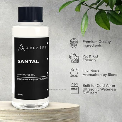 Santal Diffuser Oil, Diffuser Fragrance Oil for Home, Bathroom & Office, Aromatherapy Blend of Natural Essential Oil, Sandalwood & Musk Scent, 1.6 Fl Oz, 50 mL