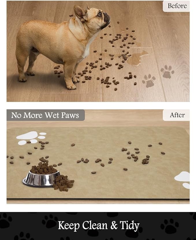 Pet Feeding Mat-Absorbent Dog Mat for Food and Water Bowl-No Stains Quick Dry Water Dispenser Mat-Dog Accessories Pet Supplies-Bowl for Messy Drinkers（Beige,16"x24"