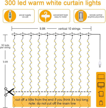 Vicloon Fairy Curtain Lights, Warm White LED 8 Mode 9.8x9.8Ft Waterproof Curtain String Lights for Indoor/Outdoor, Powered by USB with Remote Control