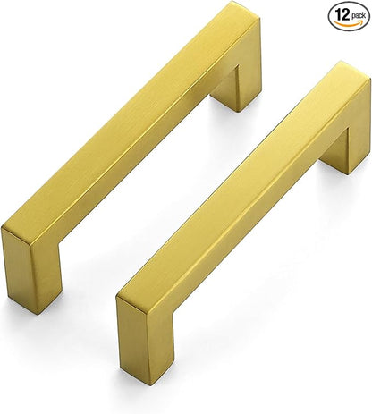 JOY DECOR 12 Pack Cabinet Handles, Gold Cabinet Pulls, 3-3/4 Inch Kitchen Closet Handles Square Drawer Pulls Stainless Steel Drawer Hardware, 96mm Hole Centers