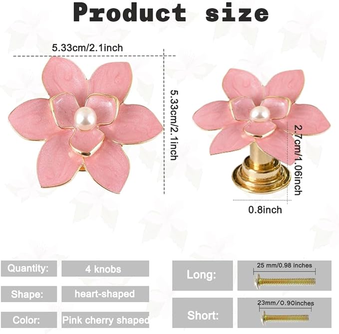 4 Pcs Petal Cabinet Knobs，Zinc Alloy Flower Shape Single Hole Knob with Screws for Dresser Handles Cabinet Wardrobe Door Handle Decorative Furniture (Pink Flower Pearl)