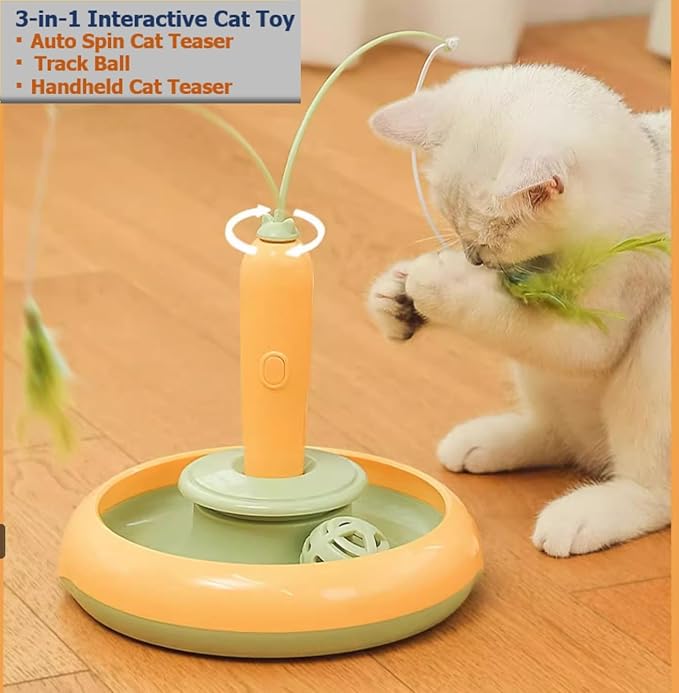 Interactive Cat Toys for Bored Indoor Cats,Automatic Cat Toy 3-in-1 Smart Teaser Wand Featuring Spinning Feather&Rolling Ball Track,Cats Dancer Toy Stimulates Hunting Instincts,Weight Control-Mewly Pet