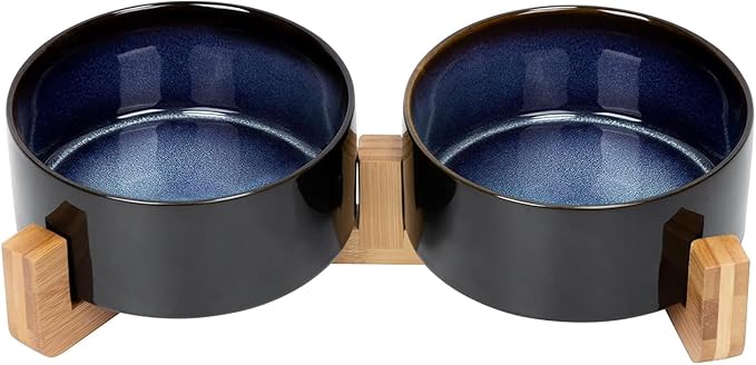 SPUNKYJUNKY Ceramic Dog and Cat Bowl Set with Wooden Stand, Modern Cute Weighted Food Water Set for Small Size Dogs (13.5OZ) & Medium Sized Dogs (28.7OZ) & Cats (3.6 Cups, 2 × Starry Blue)-Mewly Pet