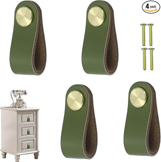Leather Drawer Pulls and Knobs Soft Cabinet Handles Modern Cabinets Door Knob for Furniture Cupboards Wardrobe Dresser Decorative Handle with Screw 4 Pcs (Fruit Green)