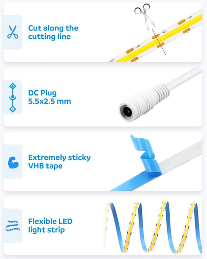 Aclorol 12 Volt Led Strip Lights COB 16.4ft Led Strip Lights for Bedroom 6000K Daylight White CRI85+ Flexible LED Tape Light for Kitchen Party Cabinet 320Leds/m(Power Supply&LED Dimmer Not Included)
