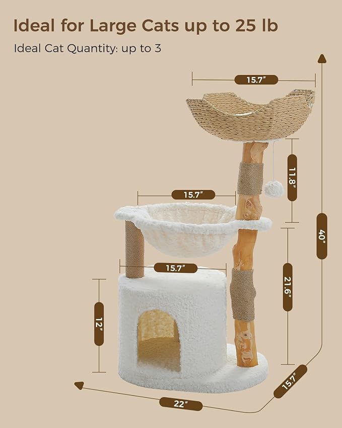 Modern Cat Tree for Large Cats, Wood Cat Tower for Indoor Cats, Real Branch Luxury Cat Furniture with Super Large Cozy Condo and Hammock & Scratching Post, Top Basket, White-Mewly Pet