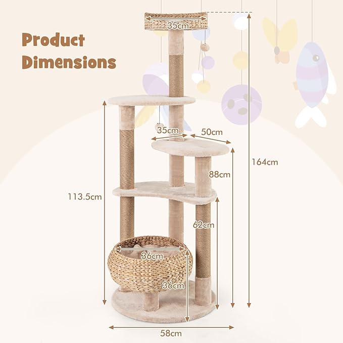 PETSITE 65 inch Cattail Cat Tree Tower, Multi-Level Cat Tower with Natural Jute Scratching Posts, Cat Bed, Top Perch, Dangling Balls and Jumping Platforms, Modern Tall Cat Tree for Indoor Cats-Mewly Pet