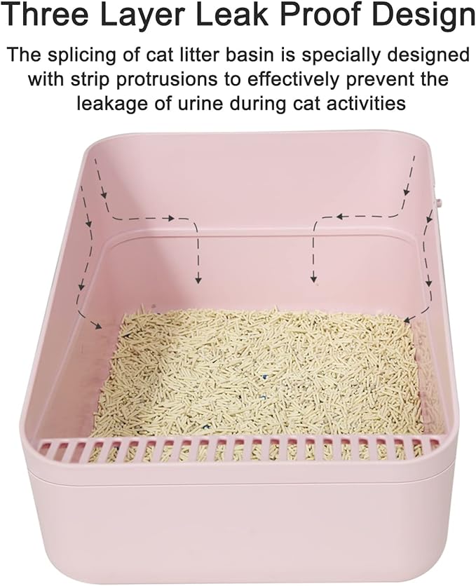 Sfozstra Open High-Sided Litter Box: Pink Medium Anti-Scatter Design - Self-Cleaning Sifting Tray - Low Tracking for Small Cats-Mewly Pet