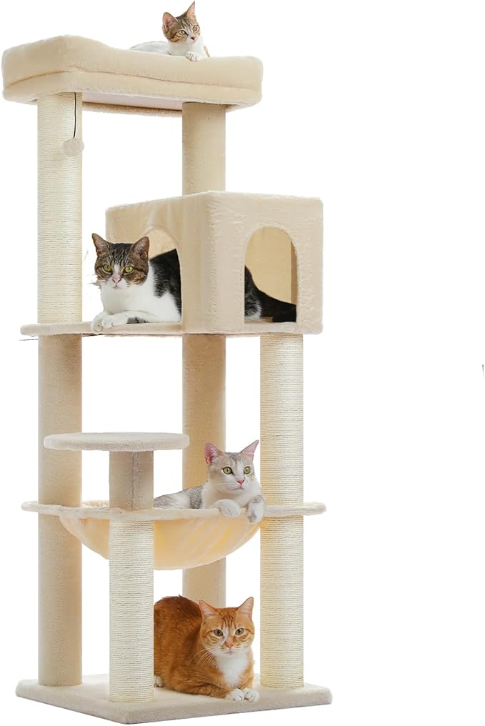 Large Cat Tree with Reinforced Scratching Posts (φ3.1in) for Big Adult Cats 30 lbs, 57.8" Heavy Duty Cat Tower with Larger Hammock and Condo, Cat Furniture for Maine Coon, Plush,Beige-Mewly Pet
