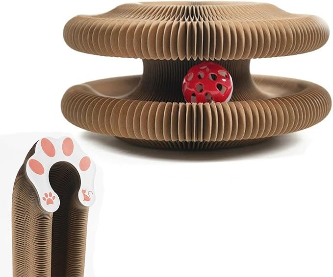 Kitty Curls Cat Toy Kurlz, Interactive Scratch Pad, Foldable Accordion,Cat Recyclable Scratcher with Ball (Pink)-Mewly Pet
