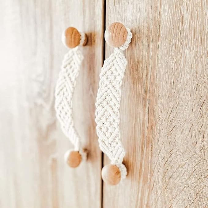 HWAQHDYL 2 Pack Bohemian Style Rope Knobs Door Handle Rope Knot Cabinet Drawer Cupboard Furniture Door Wooden Pulls Handles Drawer Pulls for Kitchen Cabinet Wardrobe Cupboard (A)