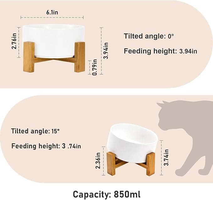 SPUNKYJUNKY 15° Slanted Ceramic Dog and Cat Bowl with Wooden Stand, Tilted Bulldog Food and Water Bowl No Slip Non-Spill for Cats Medium Dogs Big Face Pets 28.7 OZ (3.6 Cups, White)-Mewly Pet
