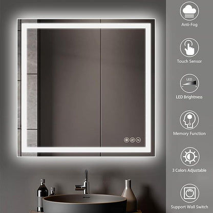 Wall-Mounted LED Square Bathroom Mirror, Makeup Mirror (36 inches x 36 inches,) 3 Color Dimming Bathroom Vanity Mirror with Lights Smart Mirror with Touch