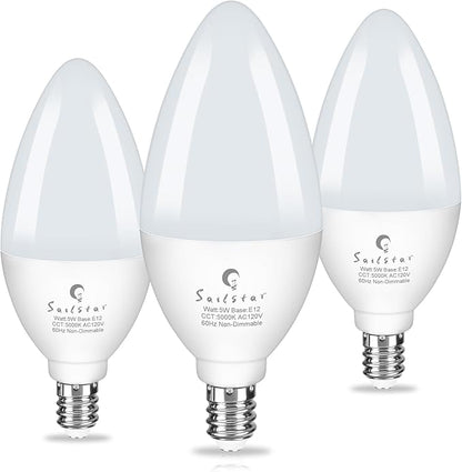 Sailstar Ceiling Fan Light Bulbs 60 Watt Equivalent, 5W Candelabra LED Light Bulbs, 500LM, Daylight 5000K, E12 Small Base Light Bulbs, B11 Type B Bulb for Chandelier, CRI 85, Non-dimmable, 3 Pack