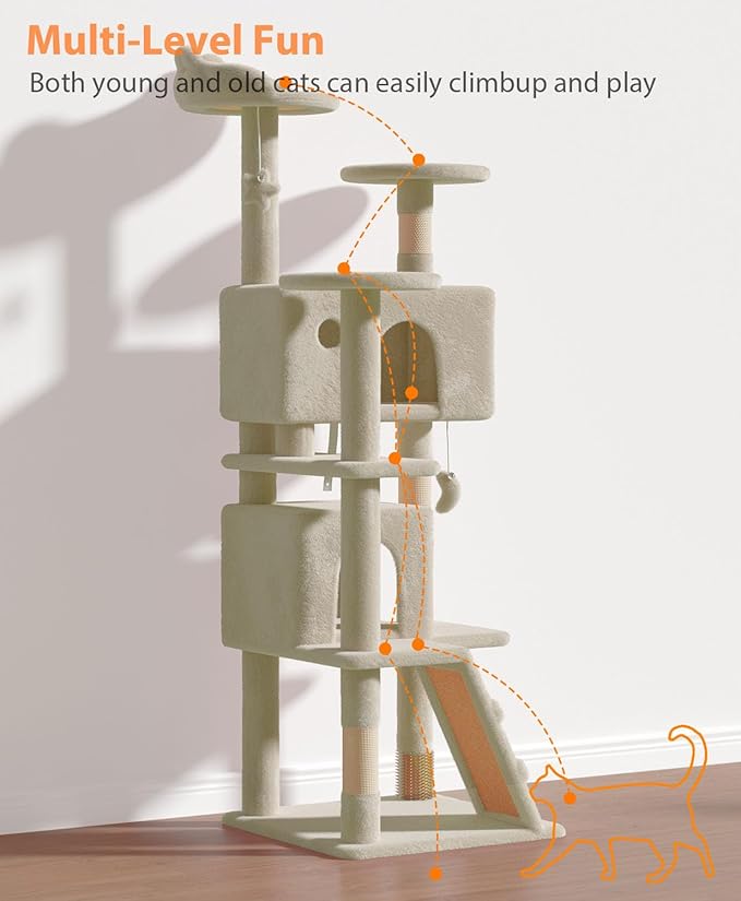 60'' Cat Tree Tower for Indoor Cats Large Adult,Cute/Tall Modern Cat Tree for Big Cats 20 lbs, Plush Multi-Level Cat Condo with Scratching Posts, Dangling Ball Indoor (Beige, 60 inch)-Mewly Pet