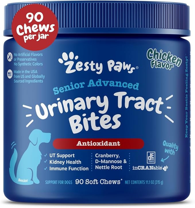 Zesty Paws Senior Cranberry Supplement for Dogs - Bladder Control for Senior Dogs - Urinary Tract Support - Cranberry Chews - Immune & Gut Support - Chicken - 90 Count-Mewly Pet