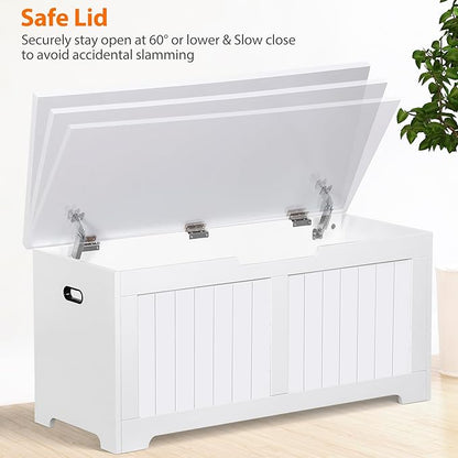 Wooden Storage Chest Box with Flip-top Lid & Safety Hinge, 39.4 Inch Living Room Organizer, Bedroom Bench, White