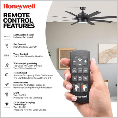 Honeywell Ceiling Fans Xerxes, 62 Inch Modern Indoor Ceiling Fan with Lights and Remote Control, Color Changing LED, 8 Dual Finish Blades, Reversible Motor - 51904-01 (Black)