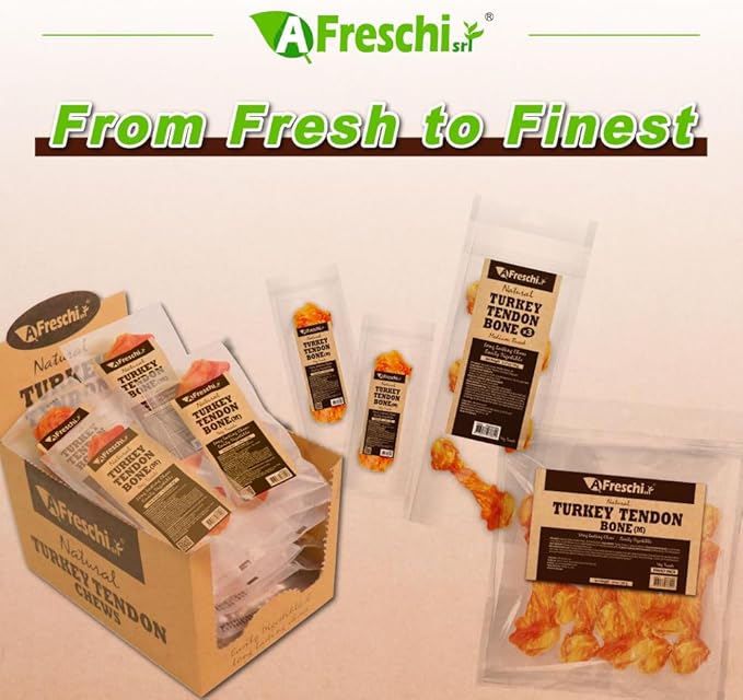 Afreschi Natural Turkey Tendon Bone (M) 10 oz, USA-Sourced Turkey Tendon, All Natural Puppy Chew, Hypoallergenic, Rawhide Alternative, for Medium Breeds-Mewly Pet