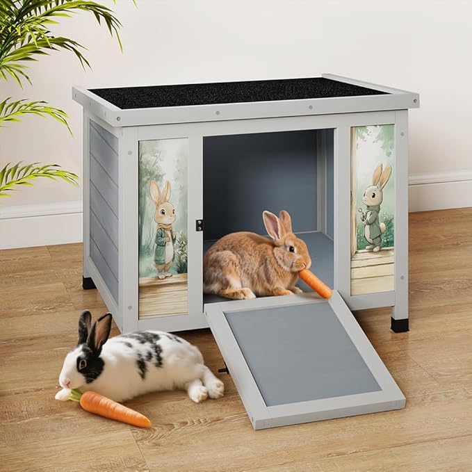 COZIWOW 24in Wooden Cat House Outdoor & Indoor Pet Shelter with Foldable Ramp - Weatherproof Rabbit Hutch with Unique Machine-Printed Art Designs for Cat, Rabbit, Guinea Pig (Grey)-Mewly Pet